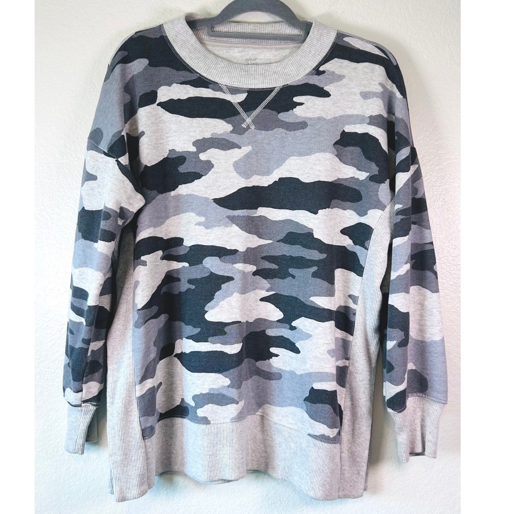 Aerie Gray Camo Grunge Loungewear Oversized Crewneck Sweatshirt Side Slits SZ S